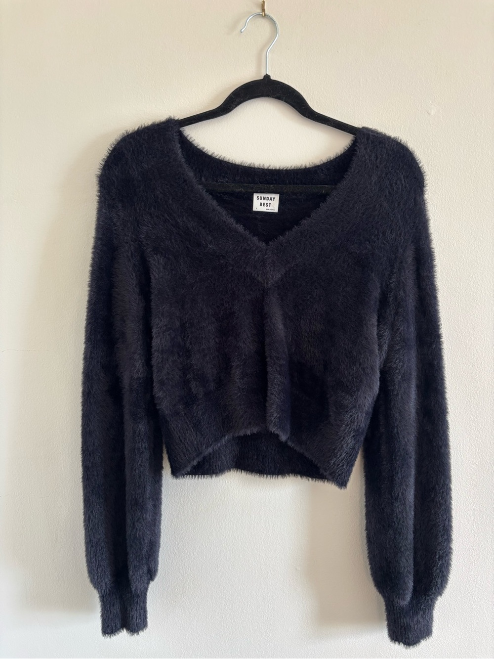 Sunday Best Black Fuzzy V-Neck Cropped Sweater